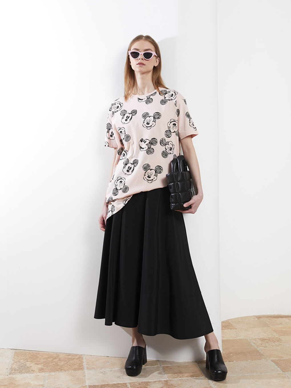 Crew Neck Mickey Mouse Printed Short Sleeve Women's Tunic