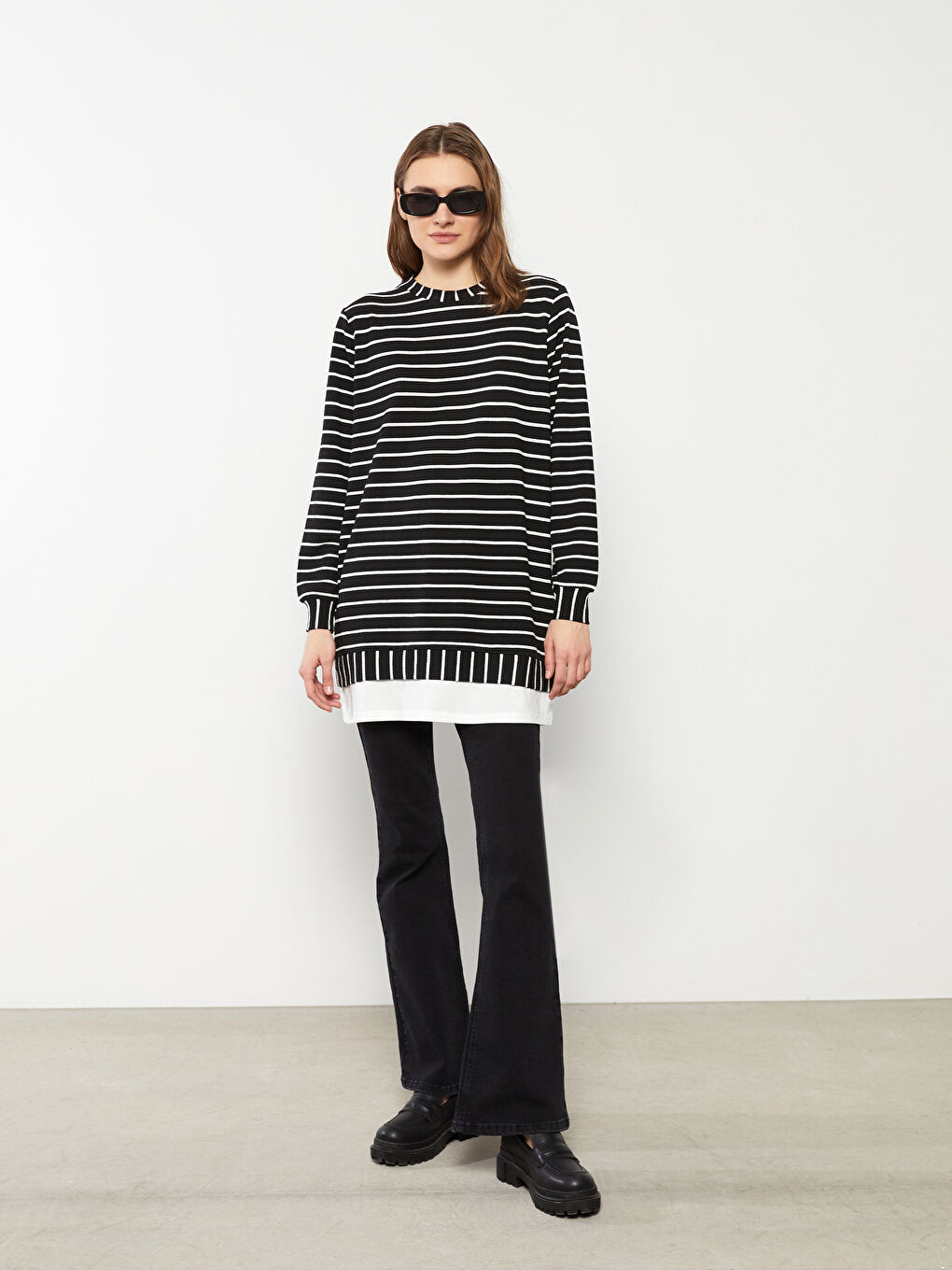 Crew Neck Striped Long Sleeve Women's Tunic