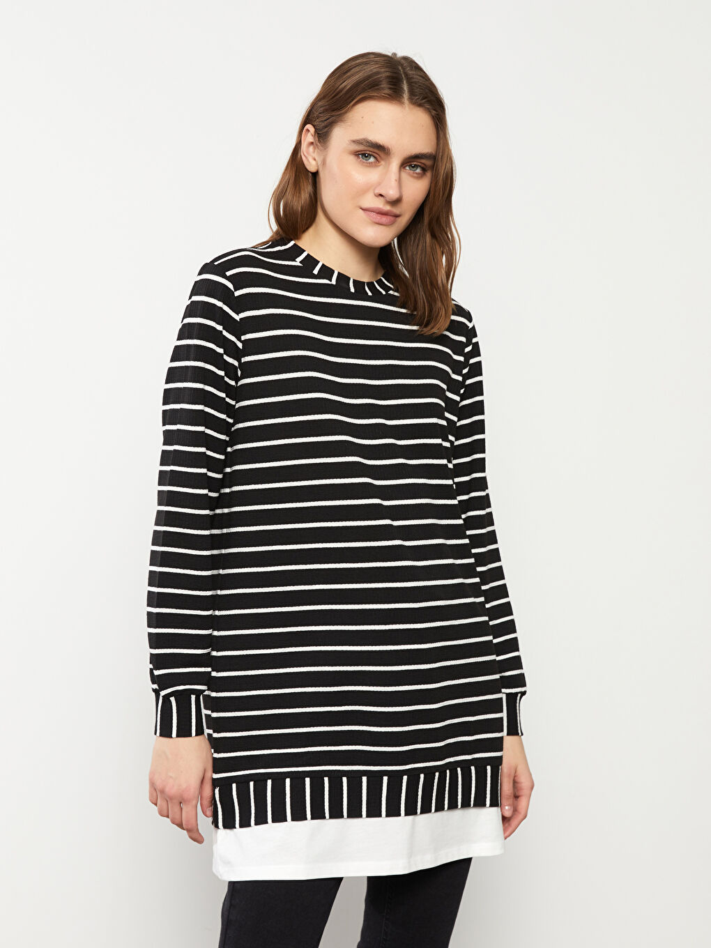 Crew Neck Striped Long Sleeve Women's Tunic-1