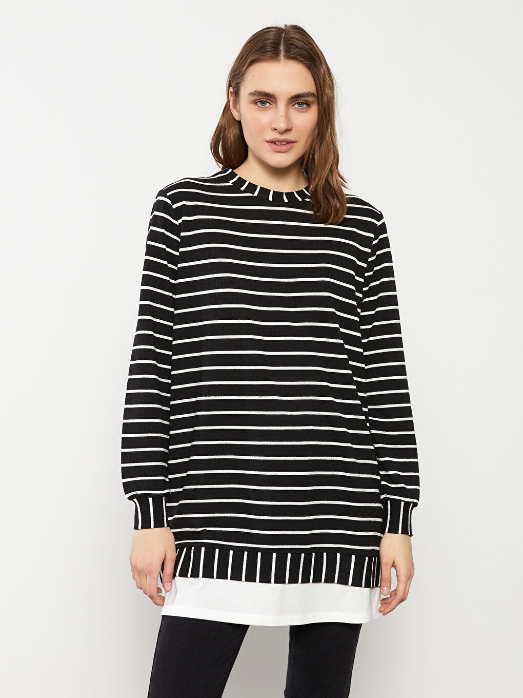 Crew Neck Striped Long Sleeve Women's Tunic-2