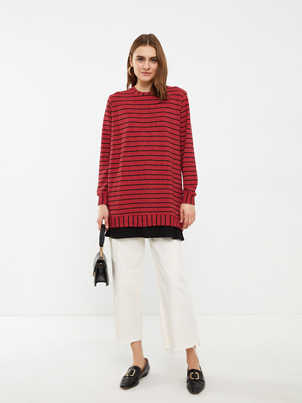 Kırmızı Bisiklet Yaka Çizgili Uzun Kollu Kadın Tunik