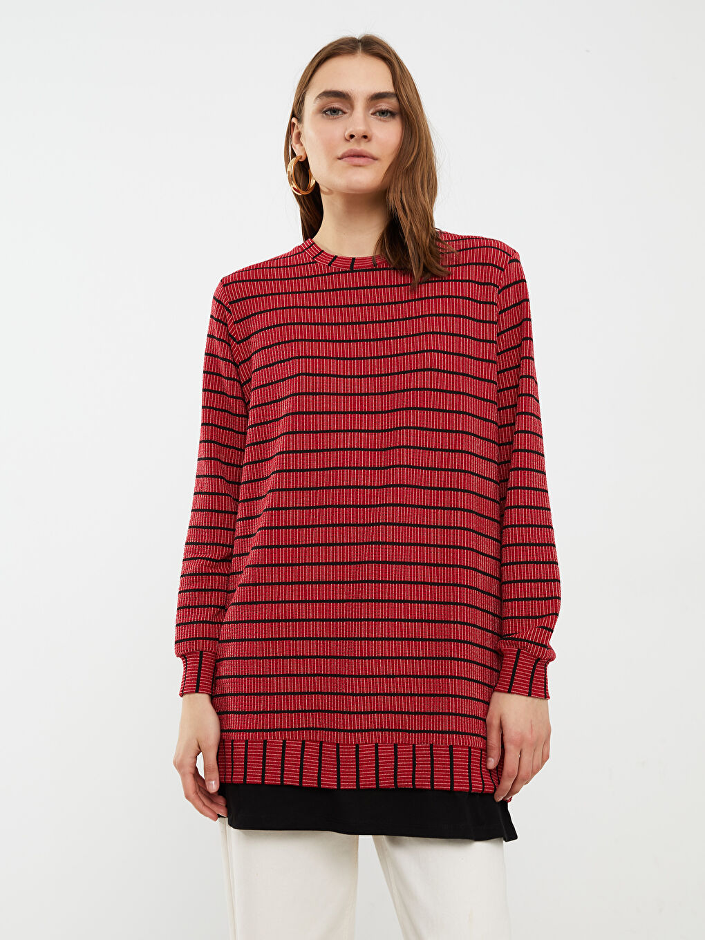 Kırmızı Bisiklet Yaka Çizgili Uzun Kollu Kadın Tunik-2