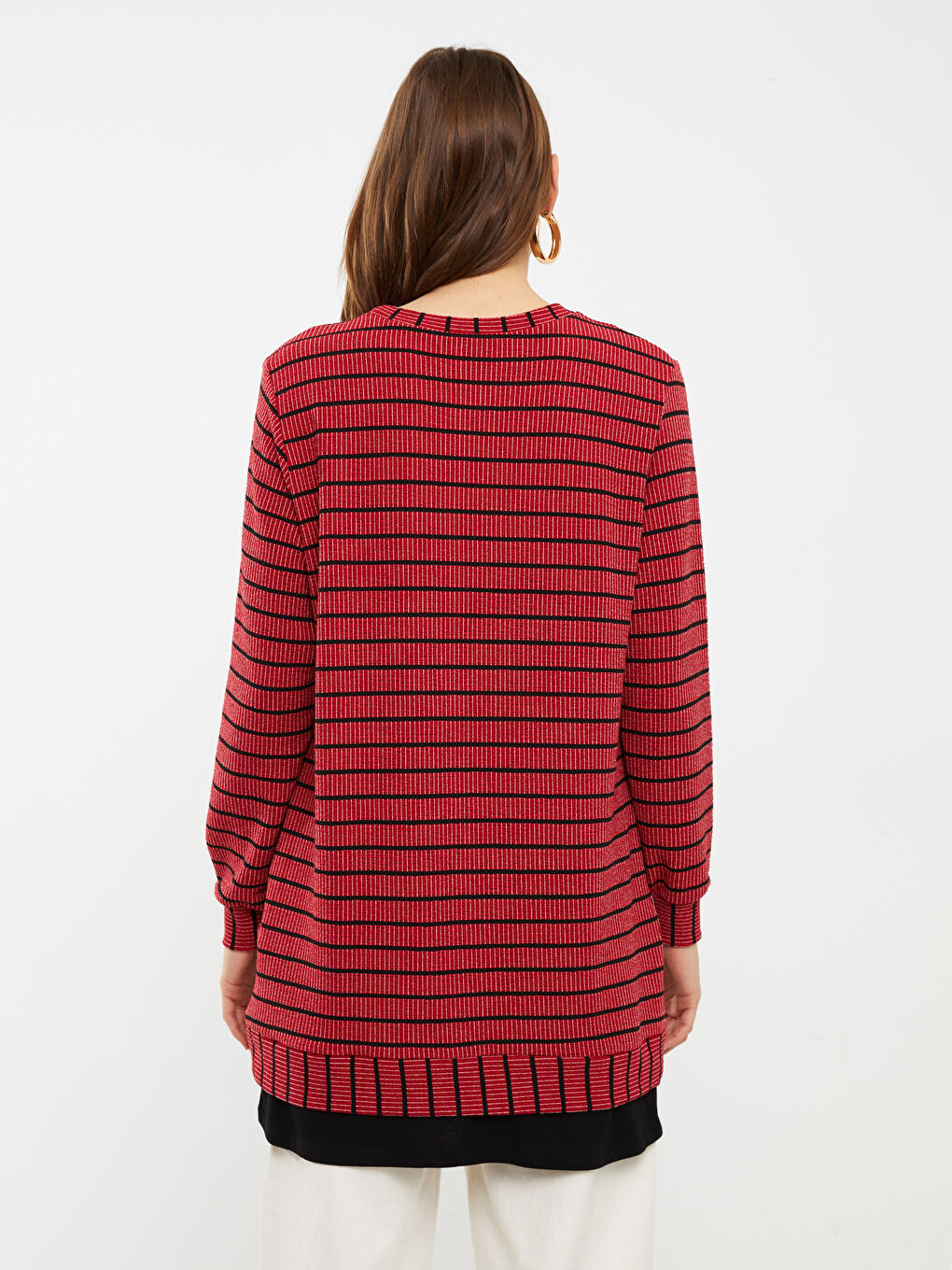 Kırmızı Bisiklet Yaka Çizgili Uzun Kollu Kadın Tunik-4