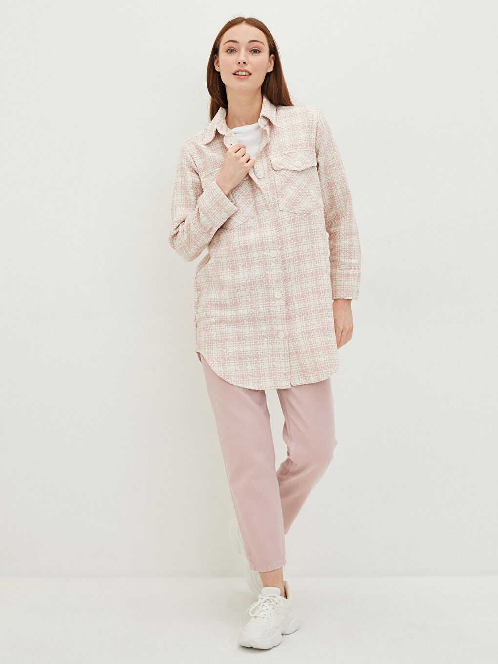 Tunică Cămașă Supradimensionată cu Mânecă Lungă în Carouri pentru Femei-1