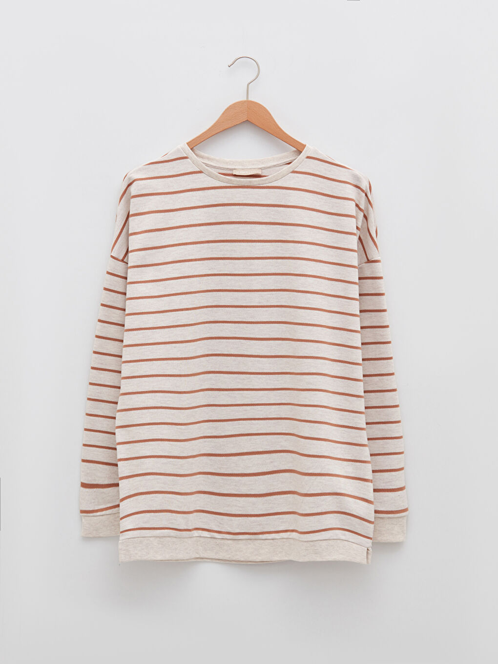 Bej Bisiklet Yaka Çizgili Uzun Kollu Oversize Kadın Sweatshirt-3