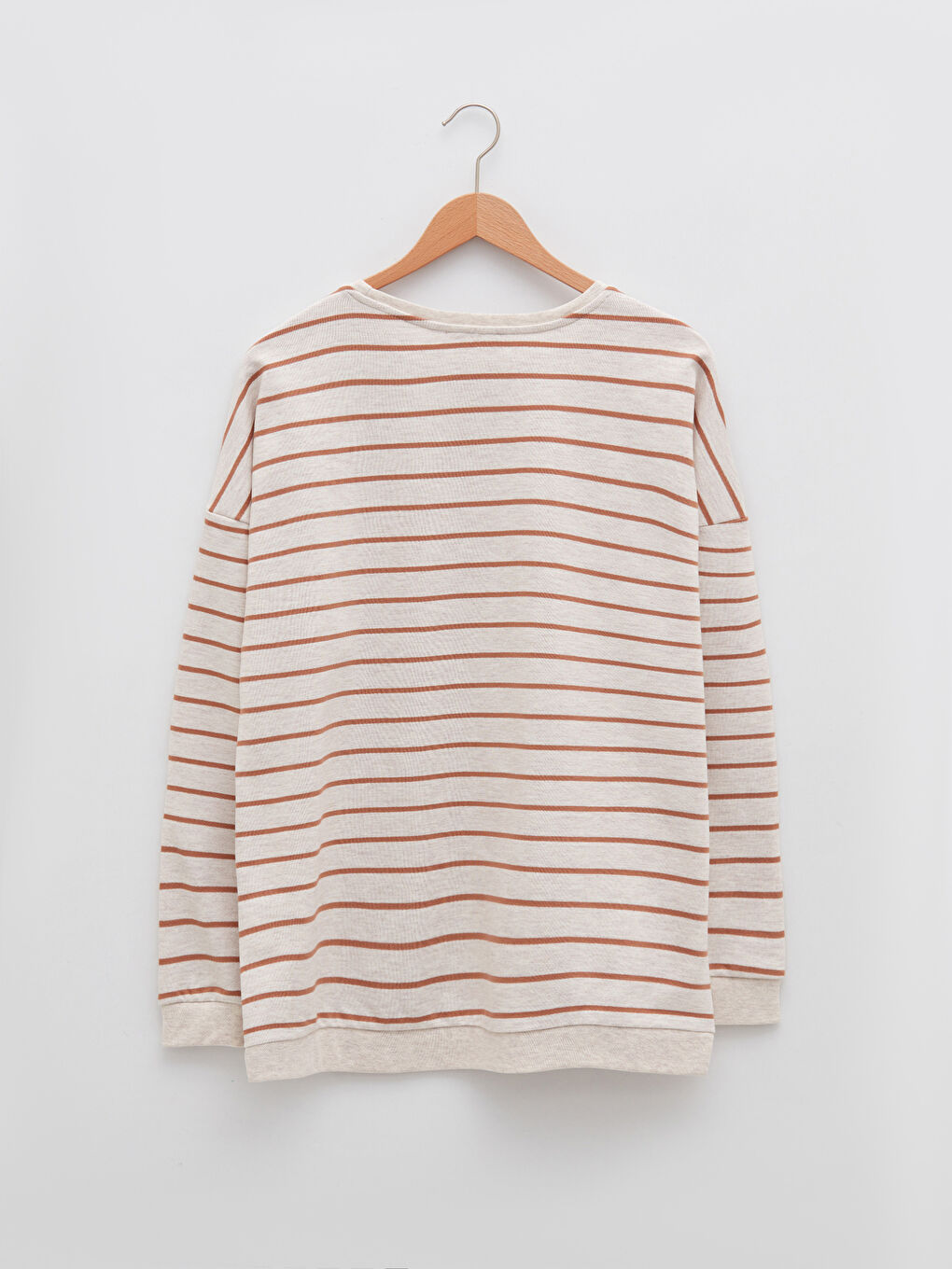 Bej Bisiklet Yaka Çizgili Uzun Kollu Oversize Kadın Sweatshirt-4