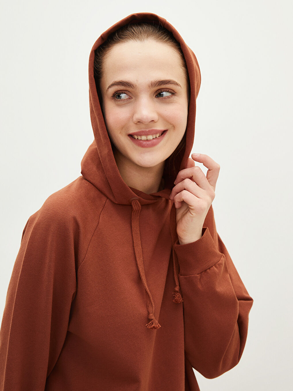 تونيك سويتشيرت واسع كم طويل سادة بكابوش للسيدات-3