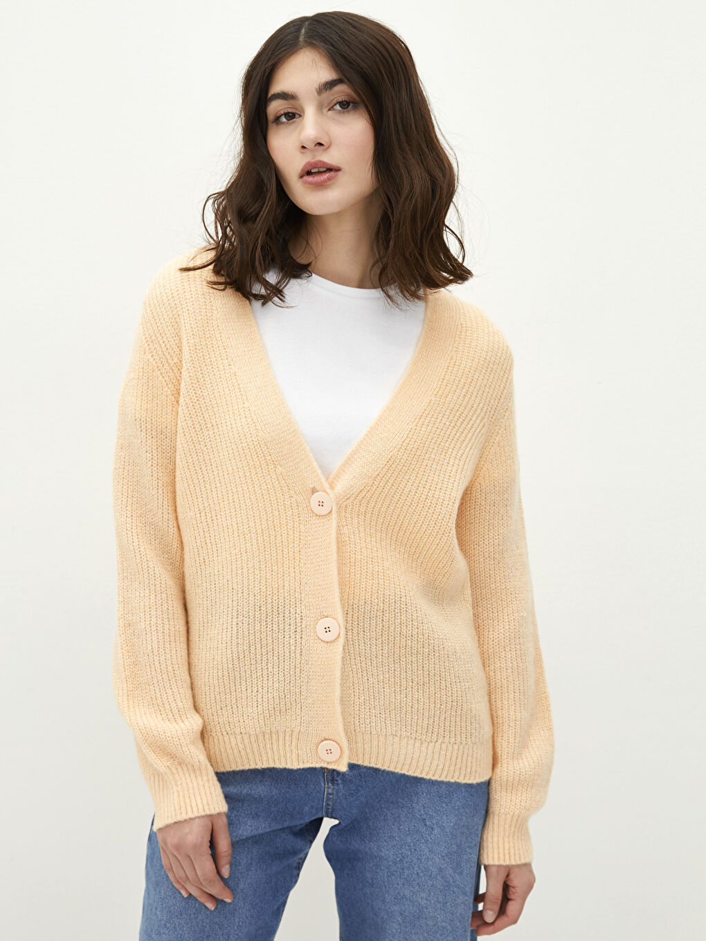 Sarı V Yaka Kadın Triko Hırka-1