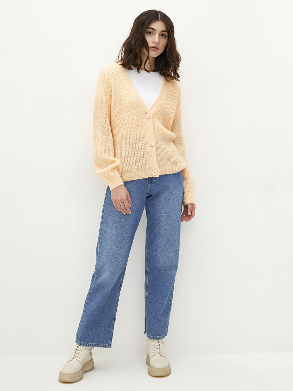 Sarı V Yaka Kadın Triko Hırka-2