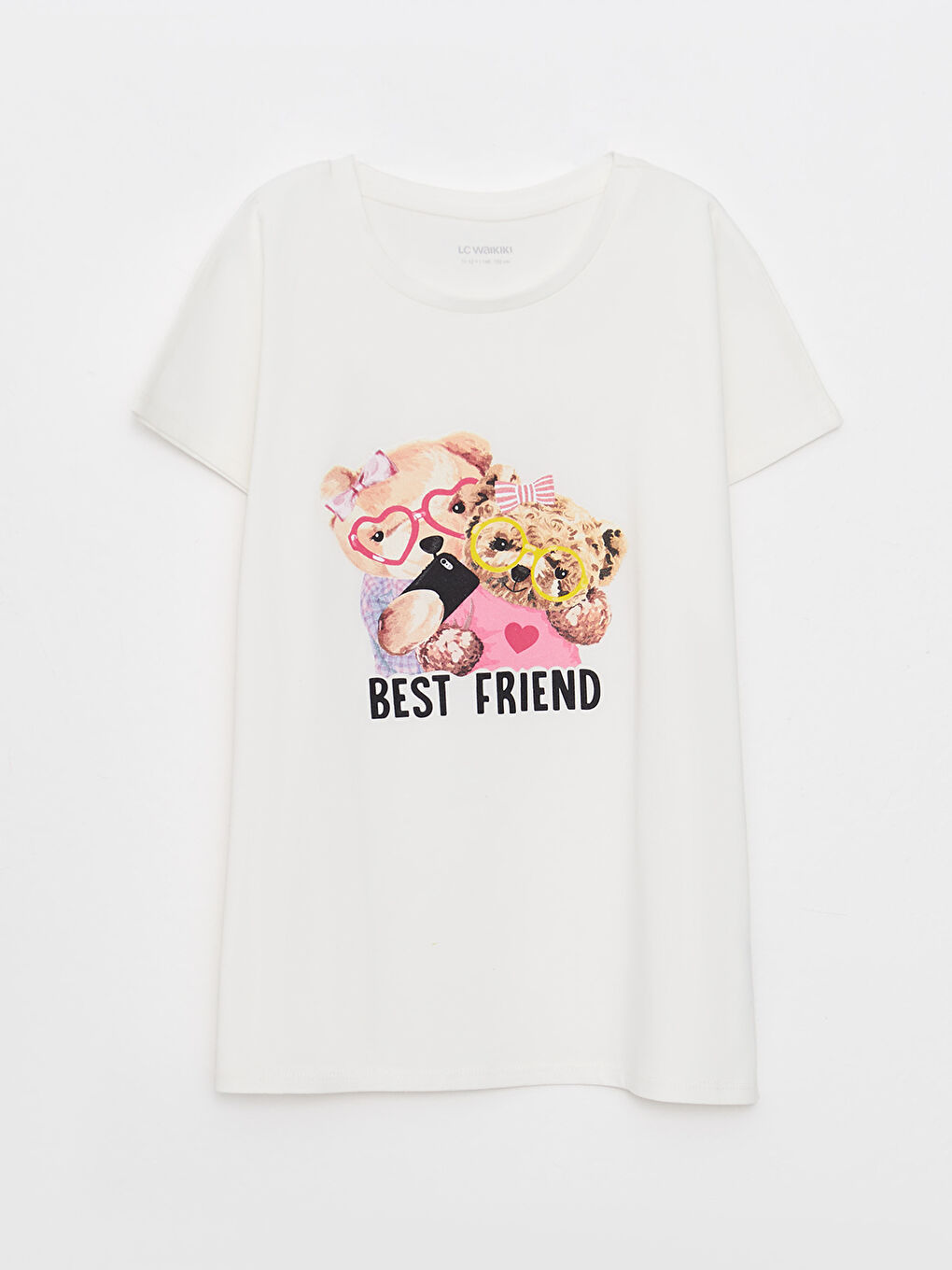 Ekru Bisiklet Yaka Ayı Teddy Baskılı Kız Çocuk Tişört