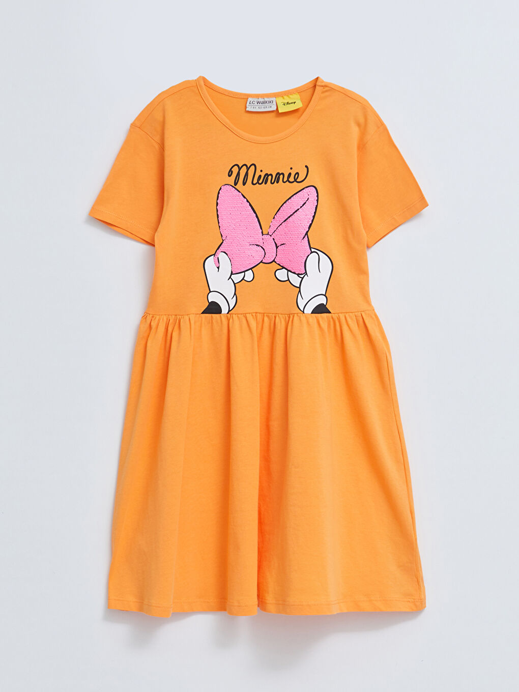 Turuncu Bisiklet Yaka Minnie Mouse Baskılı Kısa Kollu Kız Çocuk Elbise