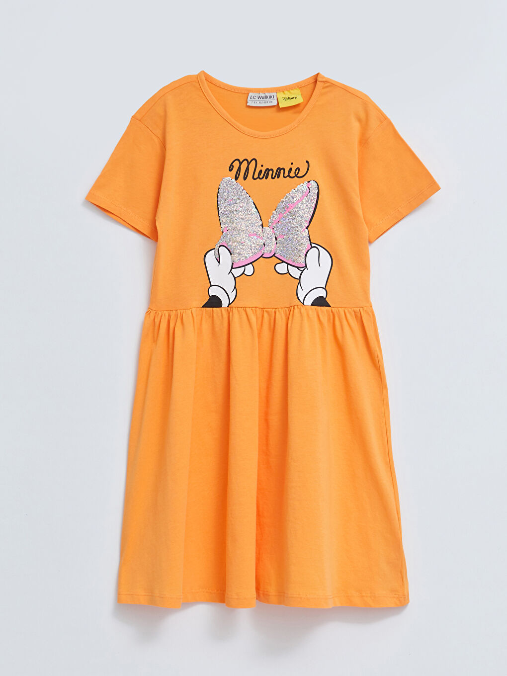 Turuncu Bisiklet Yaka Minnie Mouse Baskılı Kısa Kollu Kız Çocuk Elbise-1
