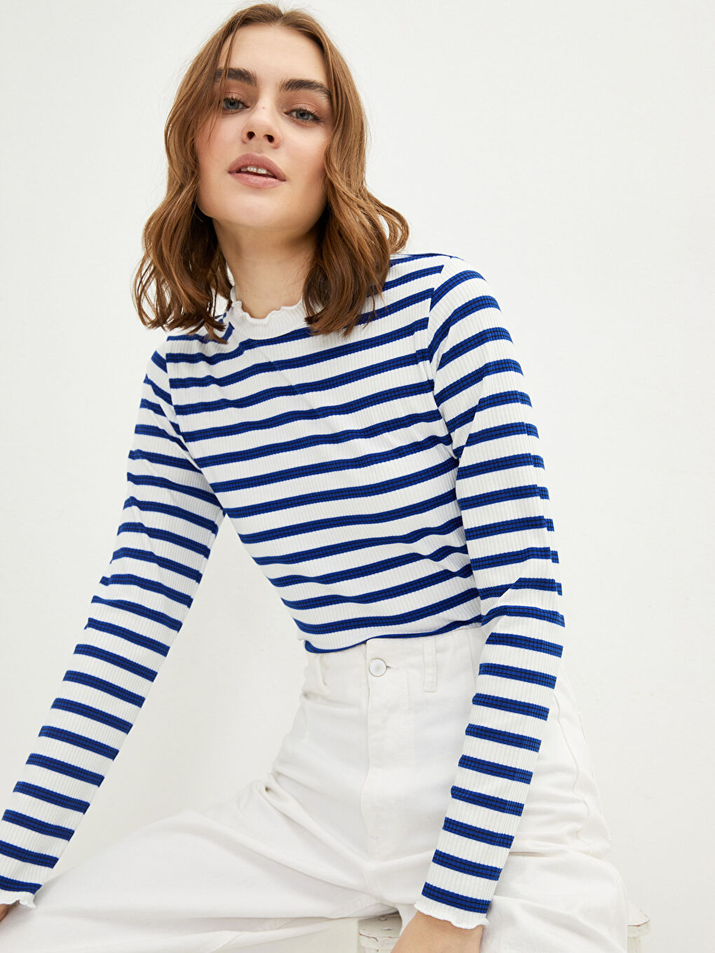Ruffled High Neck Striped Long Sleeve Women's Body