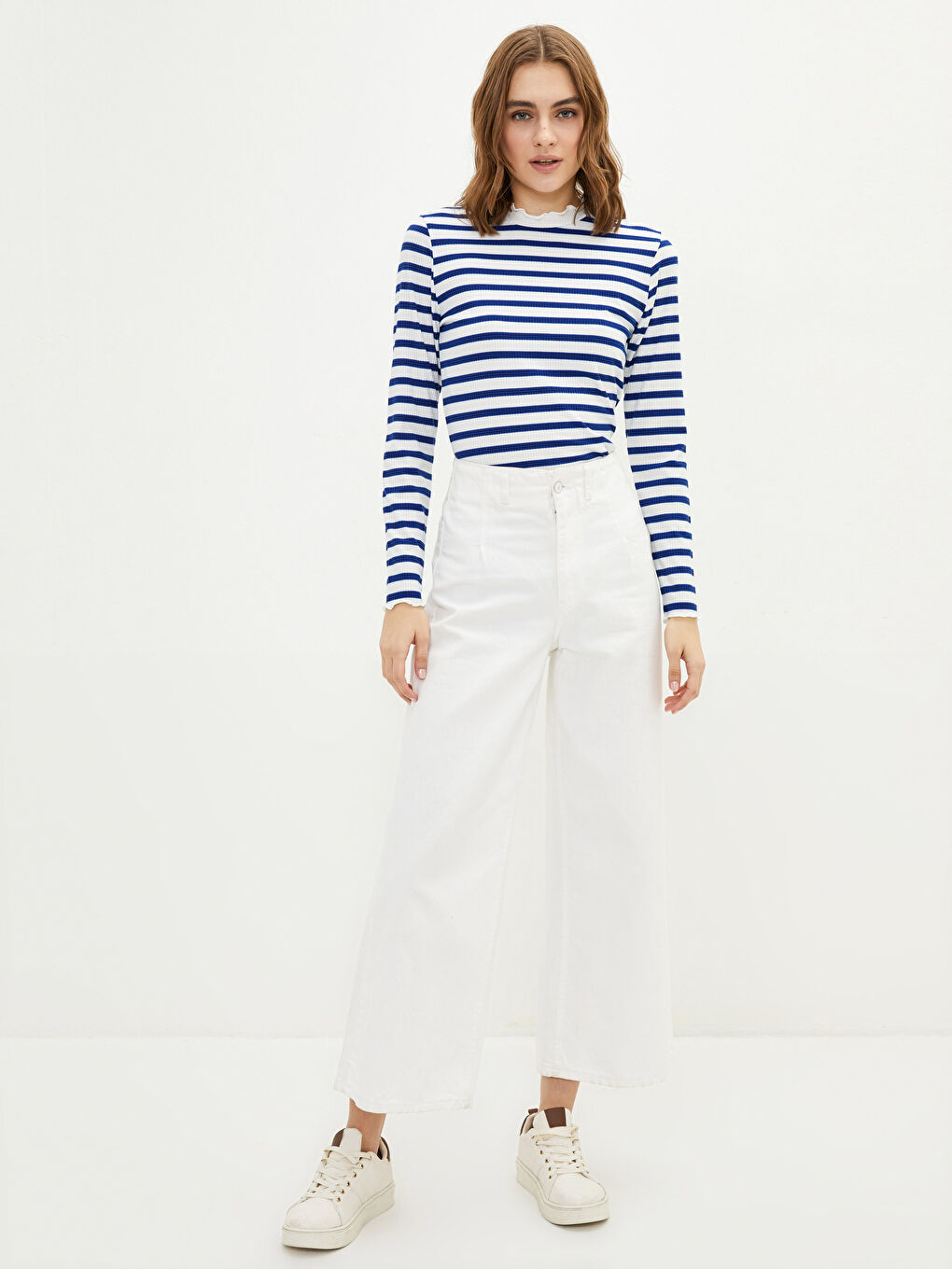 Ruffled High Neck Striped Long Sleeve Women's Body-1