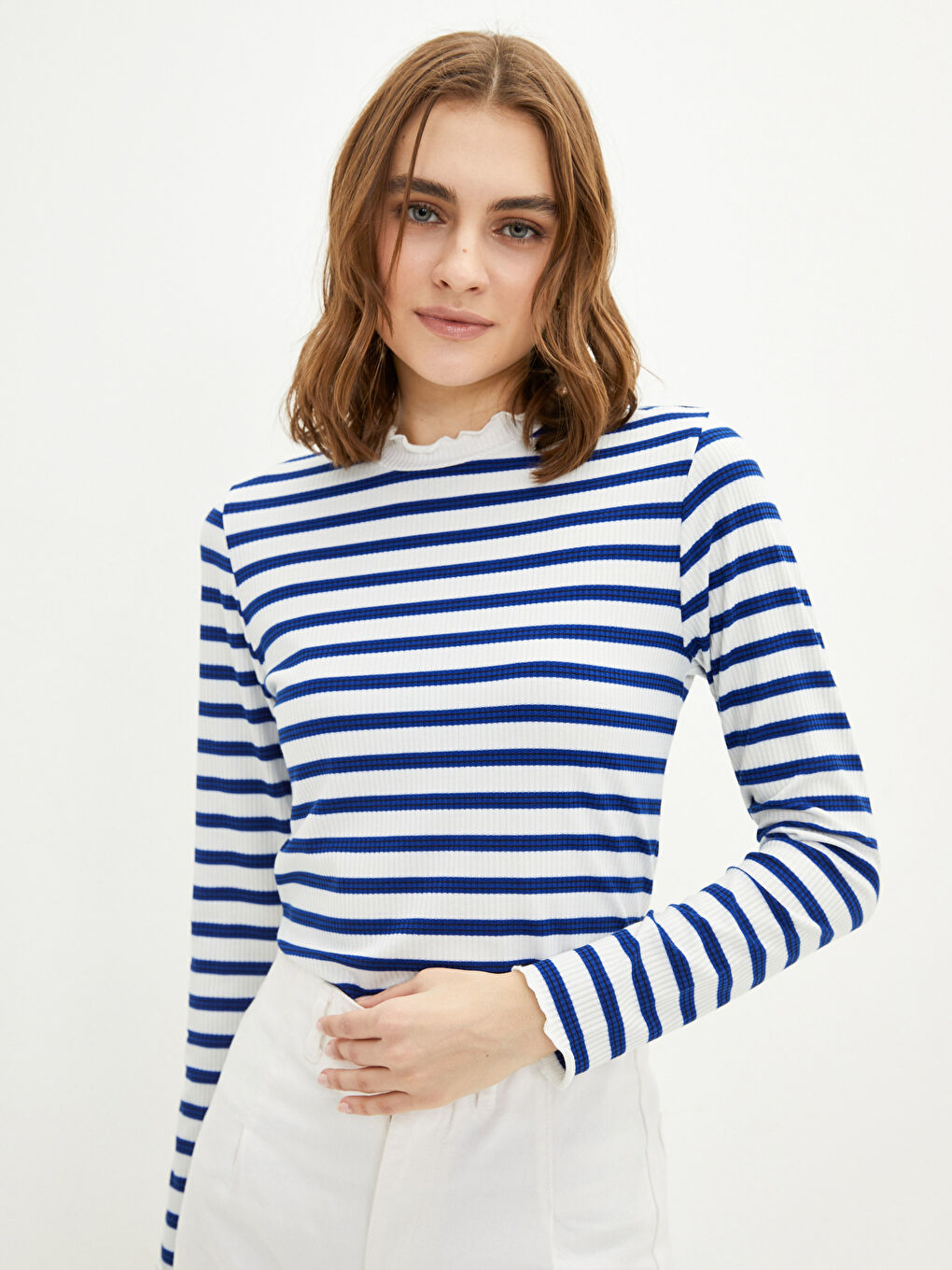 Ruffled High Neck Striped Long Sleeve Women's Body-2