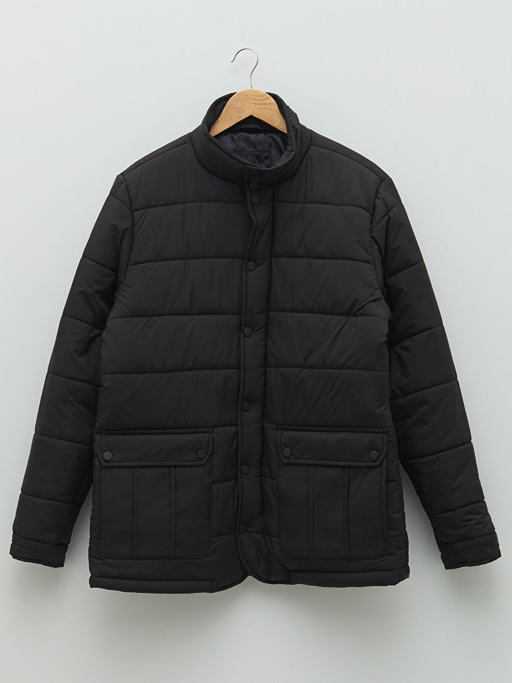 Siyah Standart Kalıp Dik Yaka Erkek Şişme Mont-5