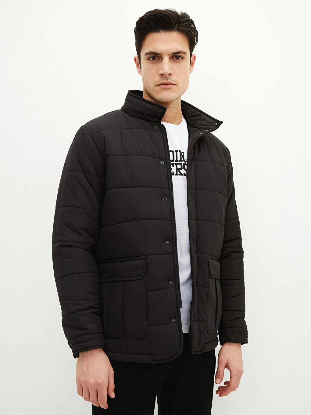 Siyah Standart Kalıp Dik Yaka Erkek Şişme Mont