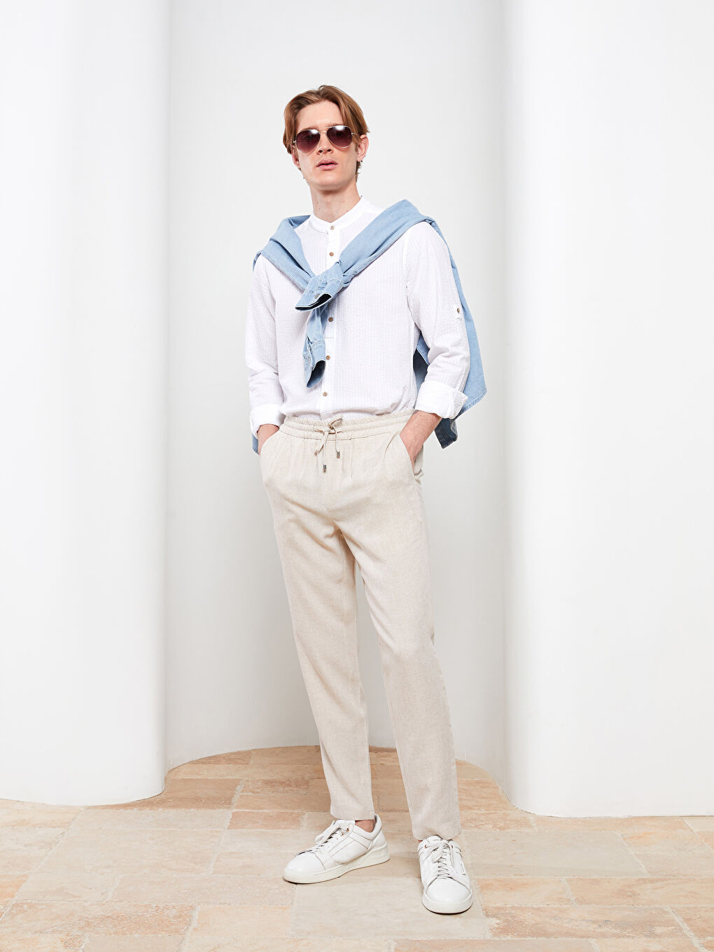 Slim Fit Men's Trousers with Tie Waist Detail