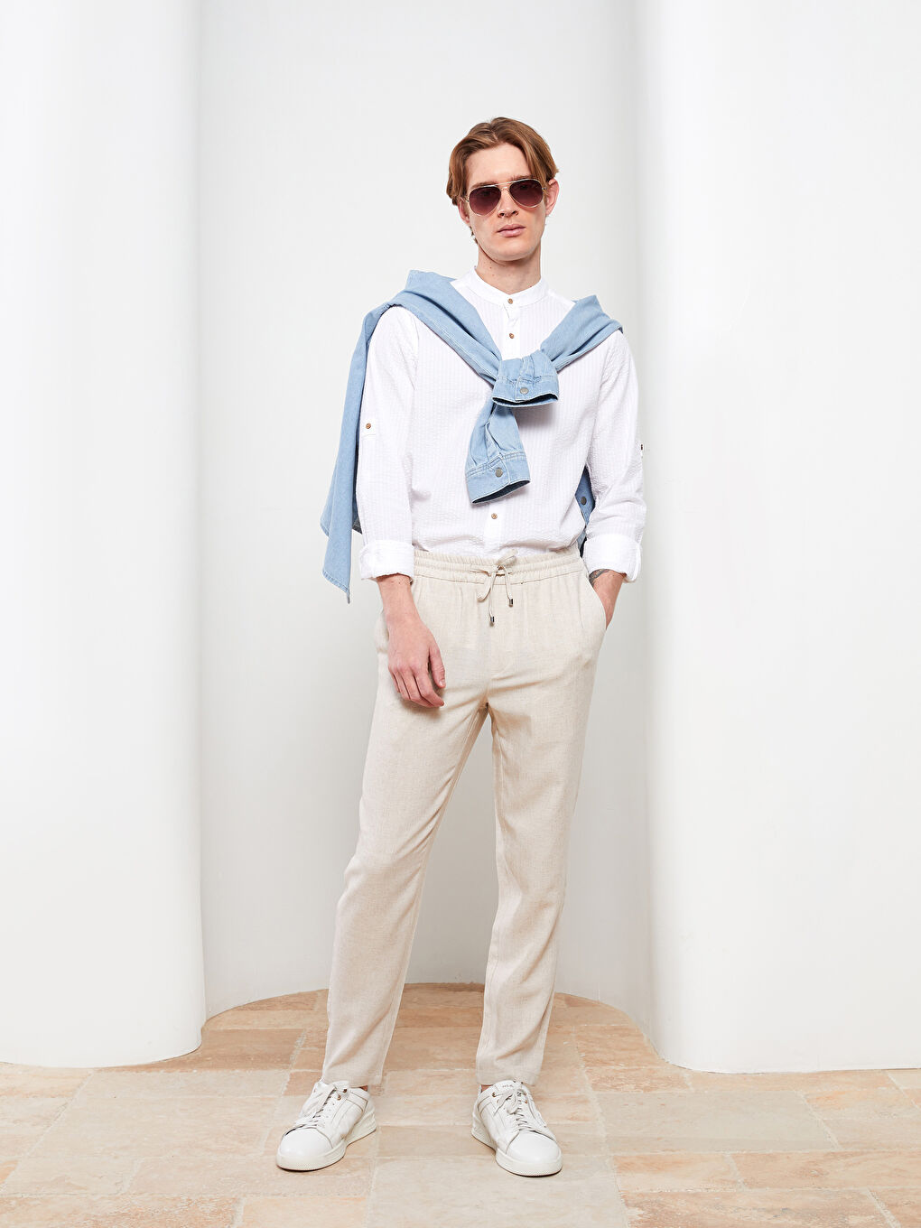 Slim Fit Men's Trousers with Tie Waist Detail-1