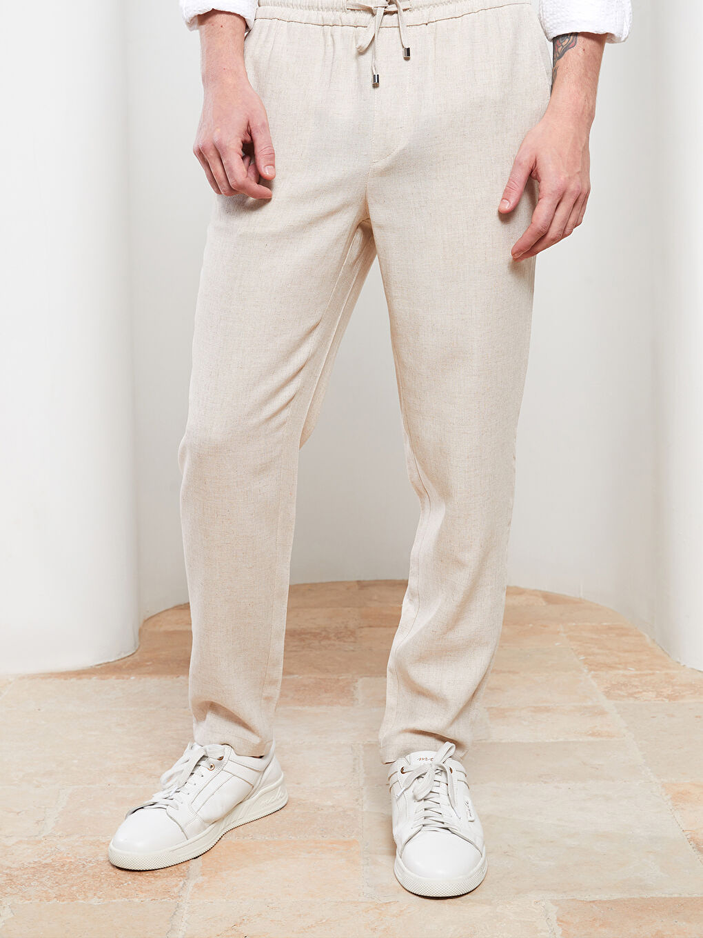 Slim Fit Men's Trousers with Tie Waist Detail-3