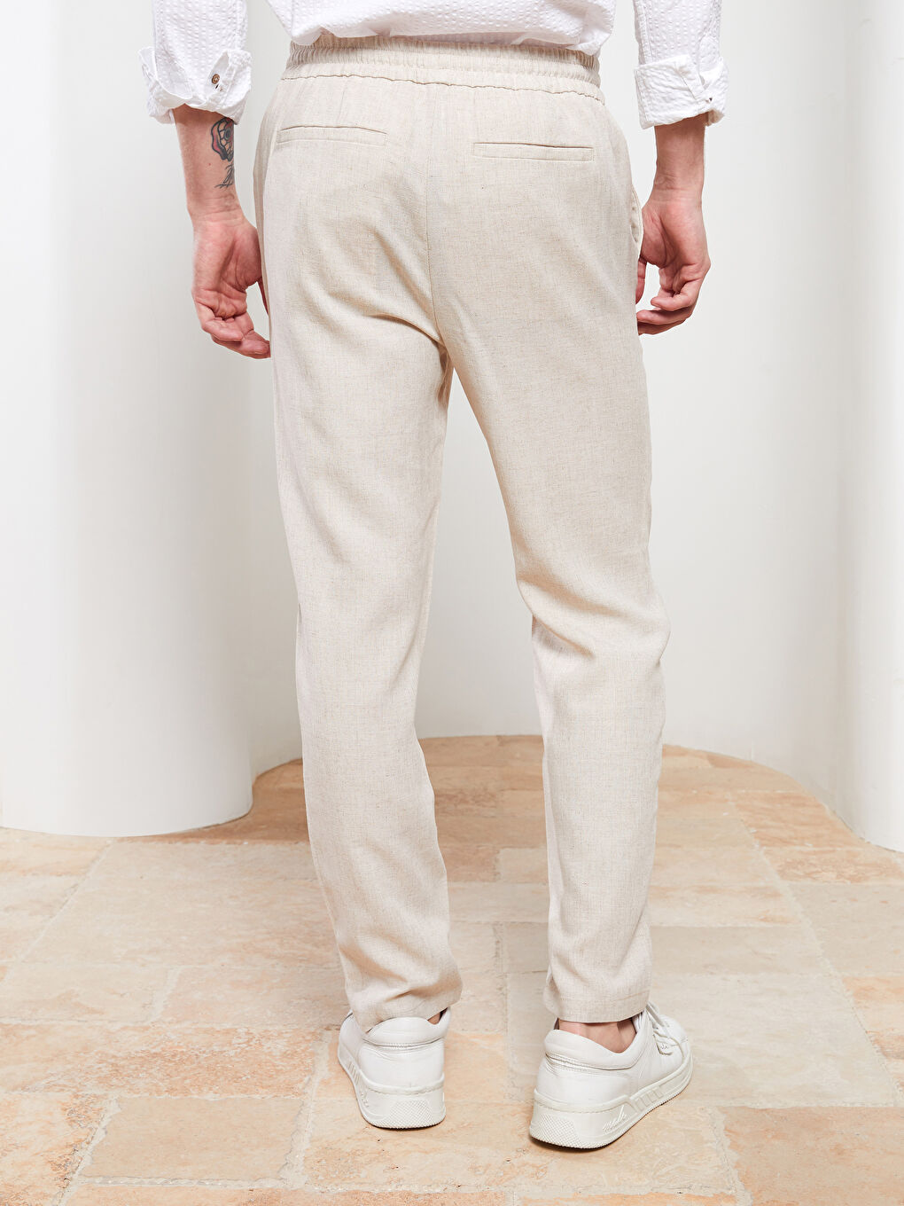 Slim Fit Men's Trousers with Tie Waist Detail-4