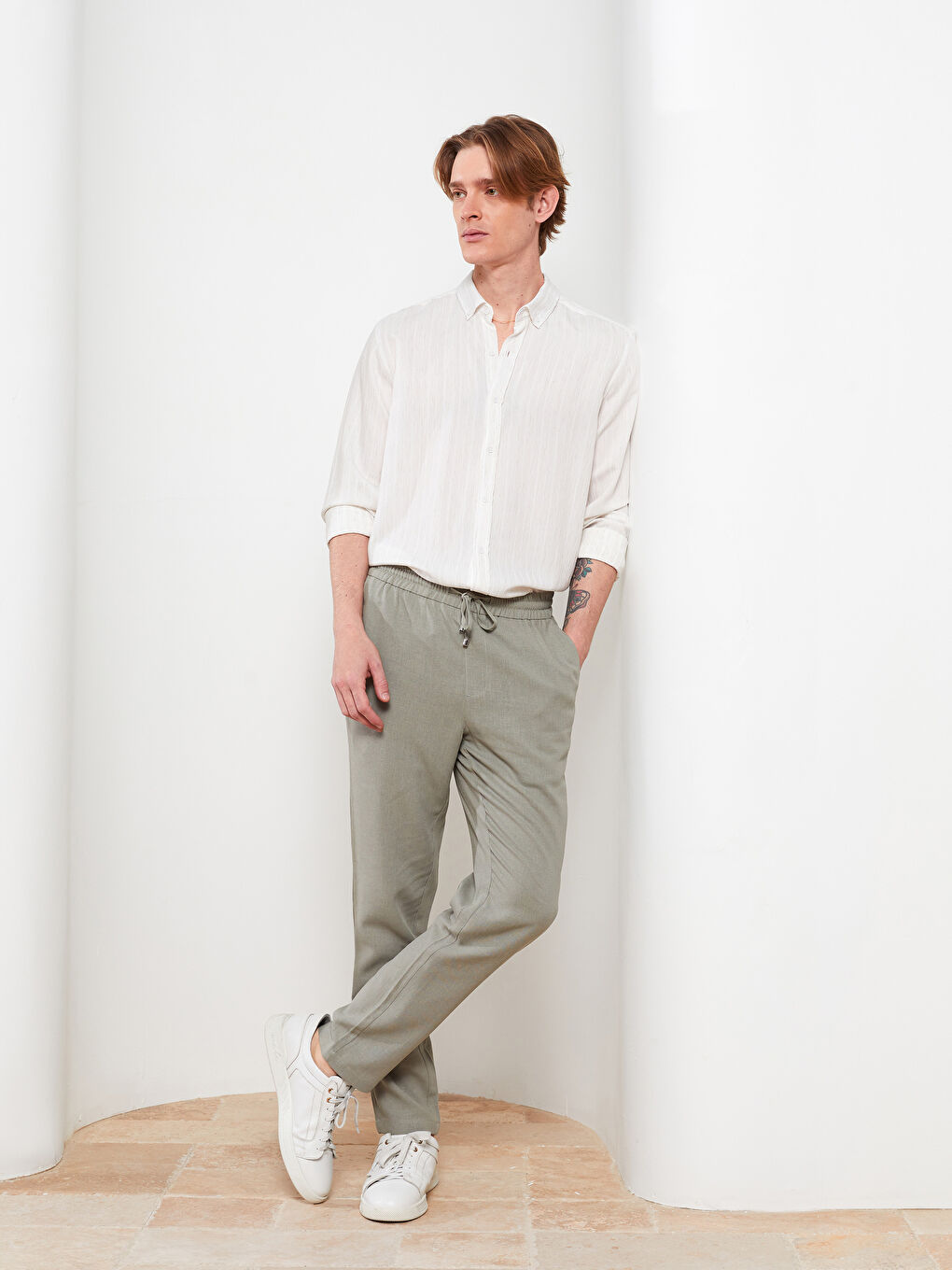 Slim Fit Men's Trousers with Tie Waist Detail