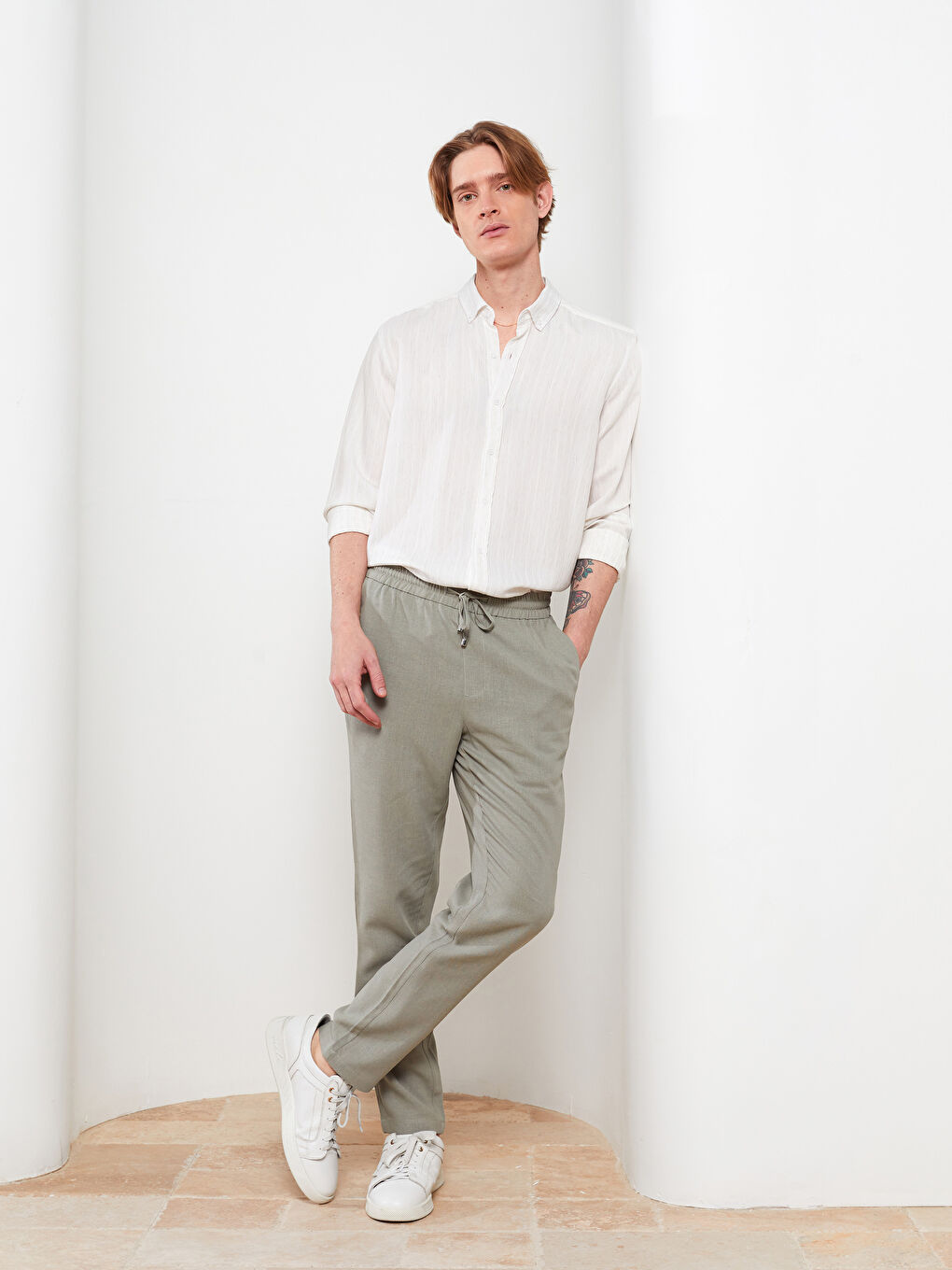 Slim Fit Men's Trousers with Tie Waist Detail-1