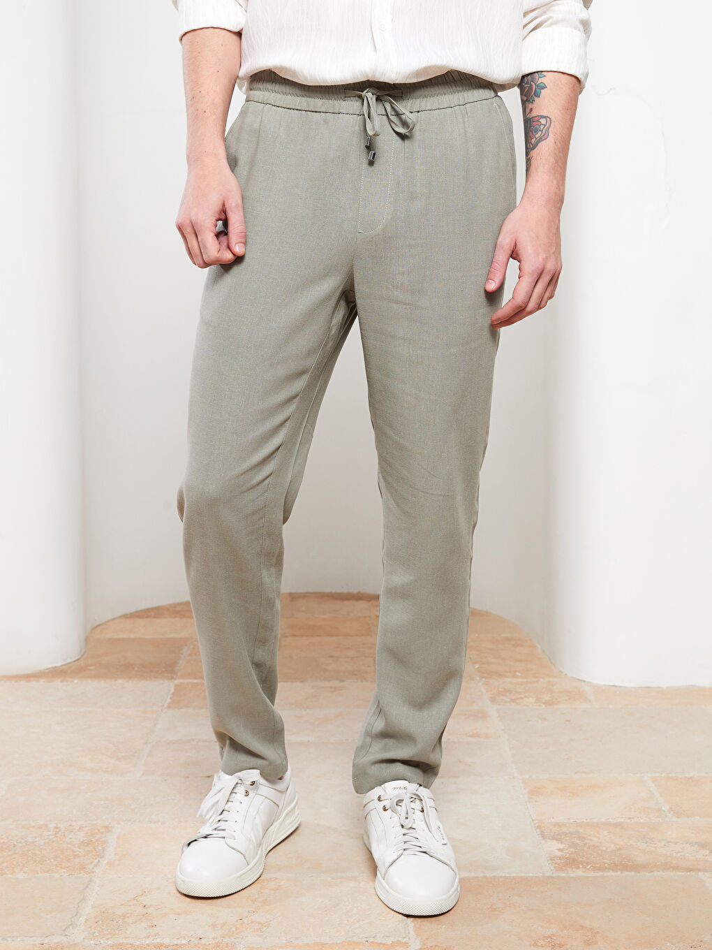 Slim Fit Men's Trousers with Tie Waist Detail-3