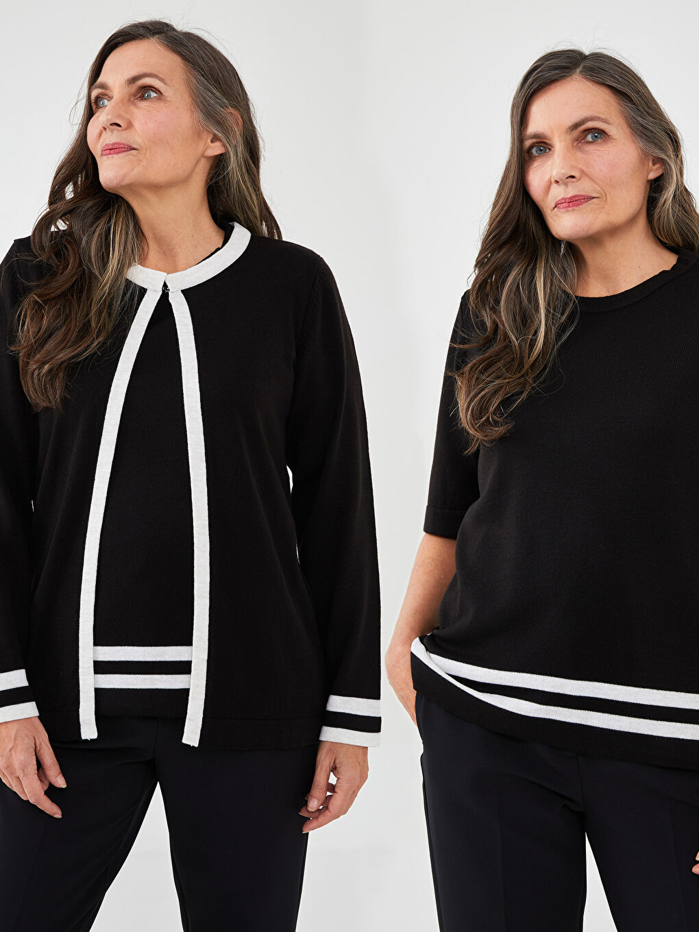 Crew Neck Stripe Detailed Long Sleeve Women's Knitwear Cardigan and Sweater Set