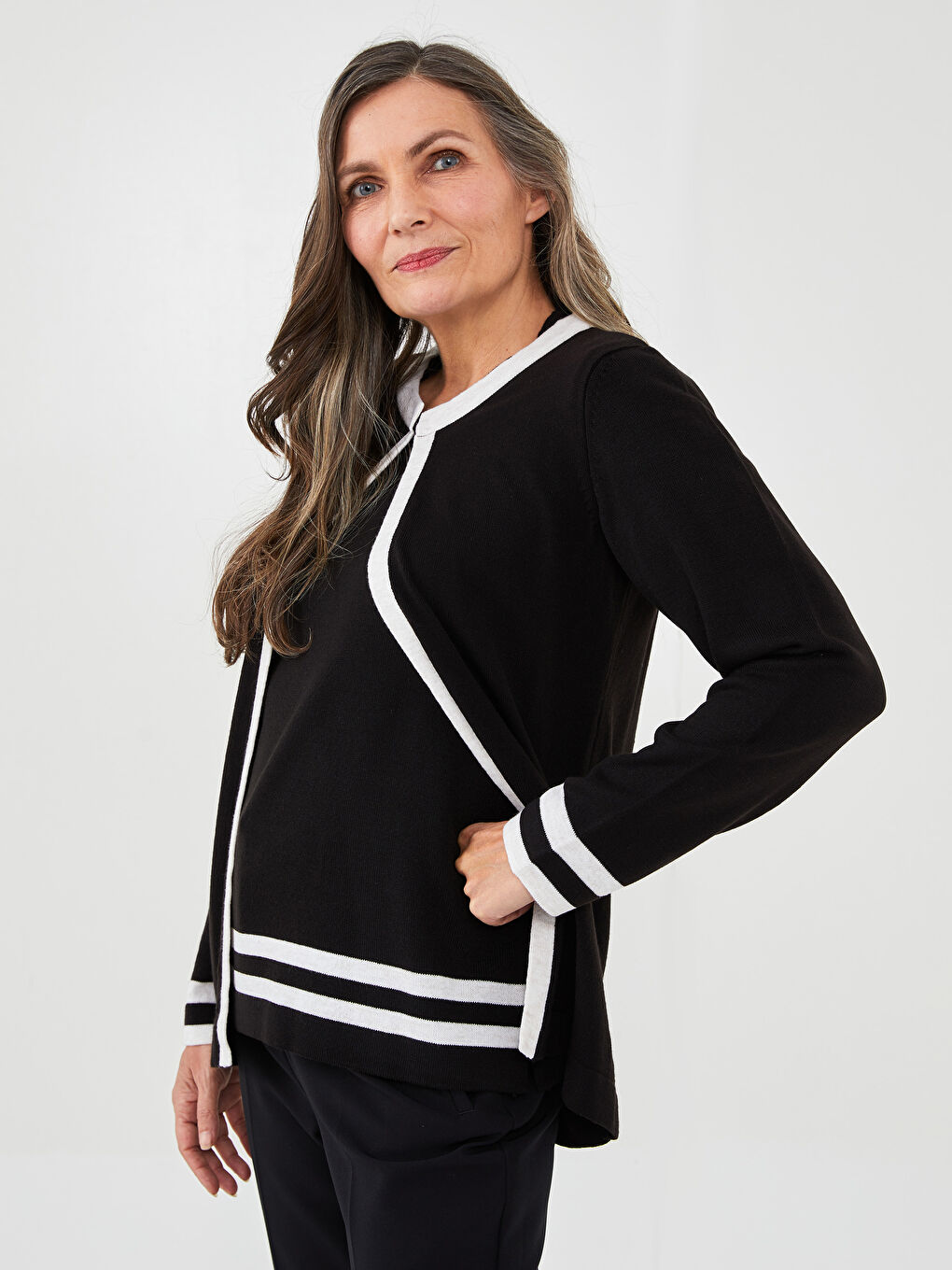 Crew Neck Stripe Detailed Long Sleeve Women's Knitwear Cardigan and Sweater Set-1