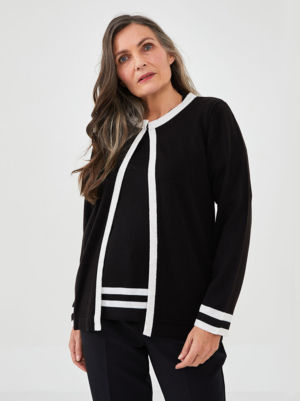 Crew Neck Stripe Detailed Long Sleeve Women's Knitwear Cardigan and Sweater Set-2