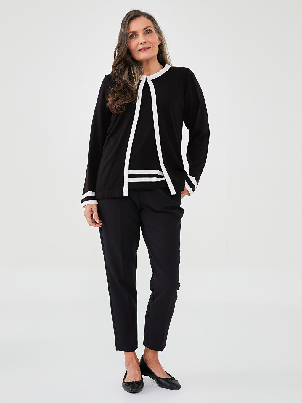 Crew Neck Stripe Detailed Long Sleeve Women's Knitwear Cardigan and Sweater Set-4