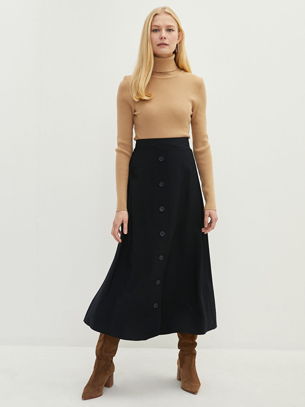 Siyah Kadın Beli Lastikli Düz Etek-1