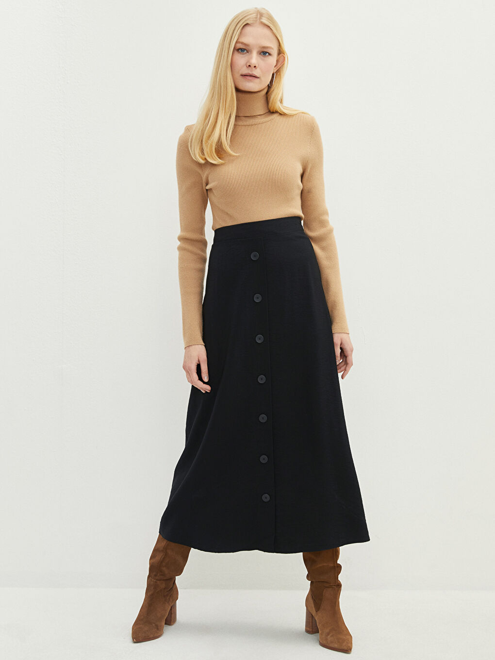 Siyah Kadın Beli Lastikli Düz Etek-2