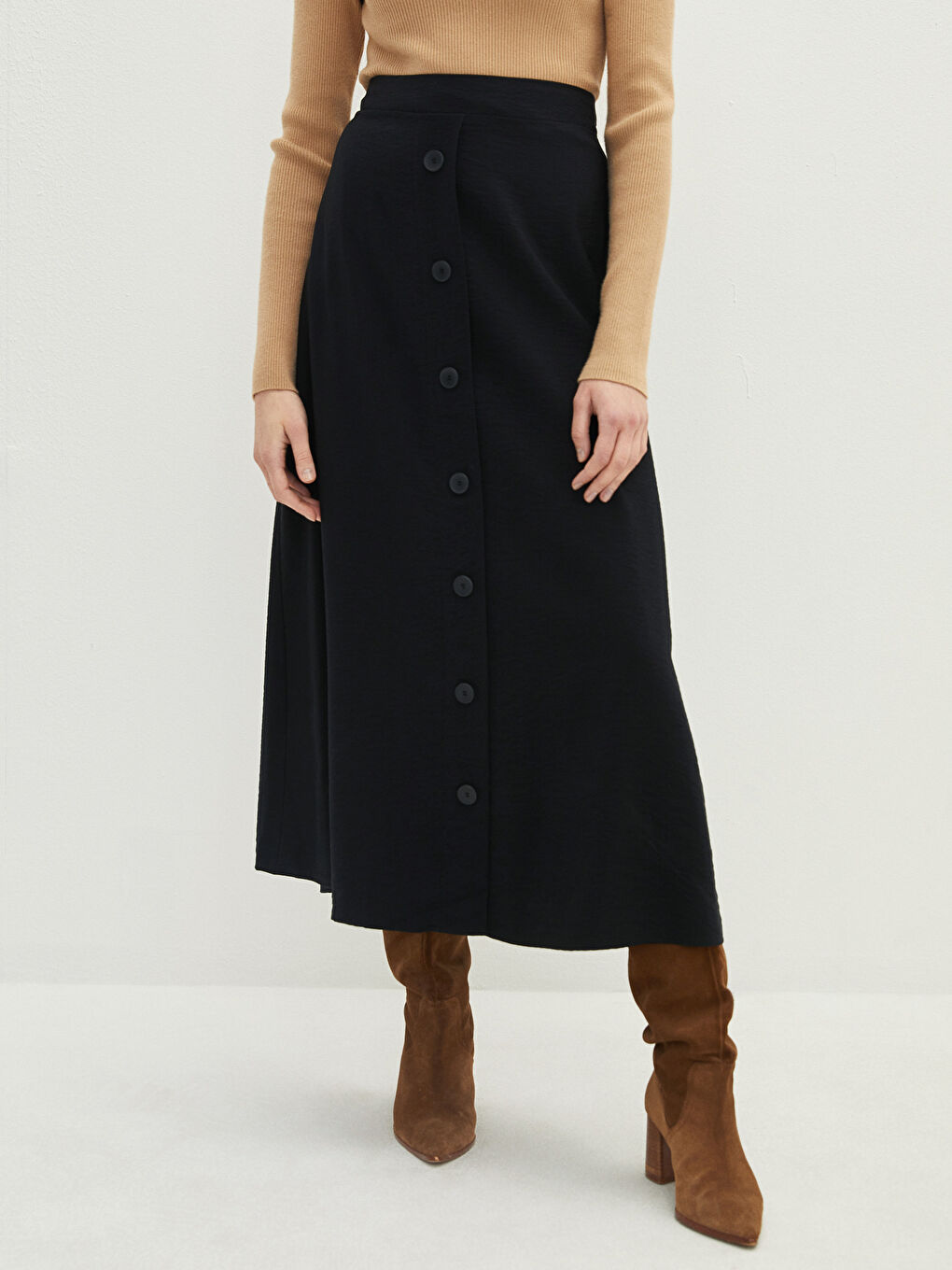 Siyah Kadın Beli Lastikli Düz Etek-3