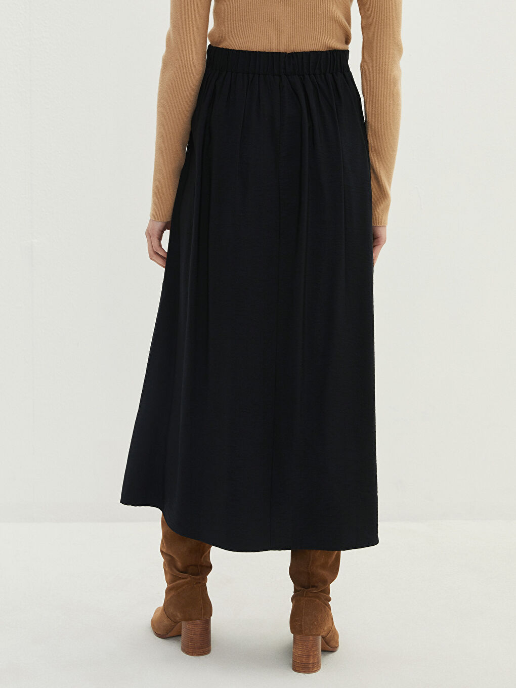 Siyah Kadın Beli Lastikli Düz Etek-4