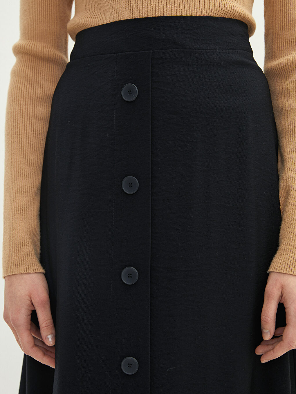 Siyah Kadın Beli Lastikli Düz Etek-5