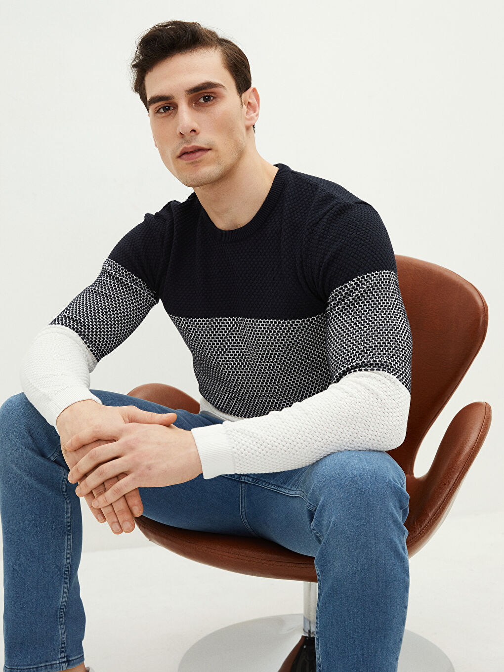 Crew Neck Long Sleeve Men's Tricot Sweater with Color Block -S2BE69Z8-J2Y
