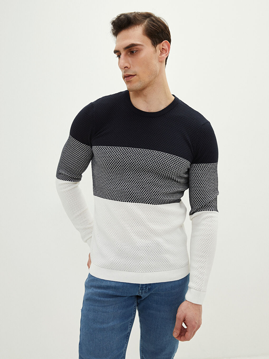 Crew Neck Long Sleeve Men's Tricot Sweater with Color Block -S2BE69Z8-J2Y