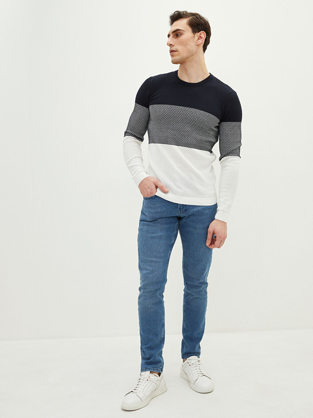 Crew Neck Long Sleeve Men's Tricot Sweater with Color Block -S2BE69Z8-J2Y
