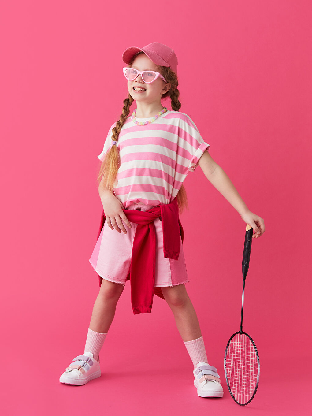 Pembe Renk Bloklu Gabardin Kız Çocuk Şort