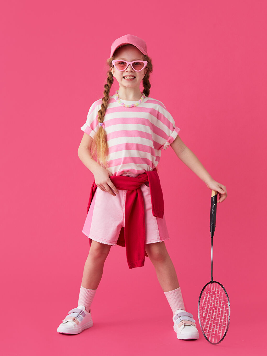 Pembe Renk Bloklu Gabardin Kız Çocuk Şort-1