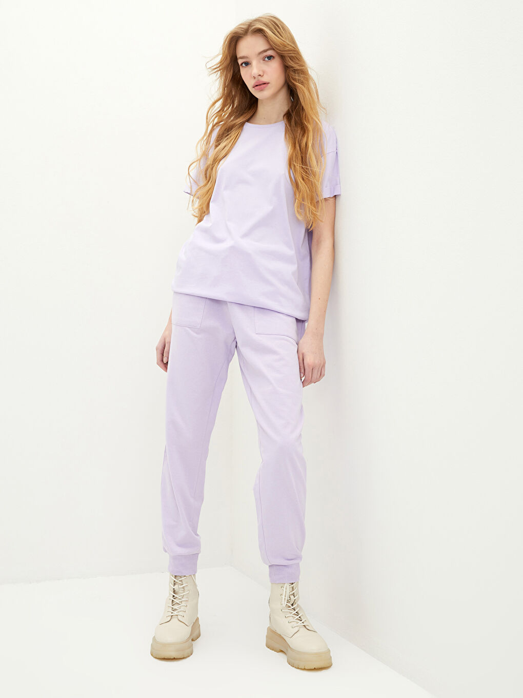 Lila Kadın Beli Lastikli Düz Jogger Eşofman Altı