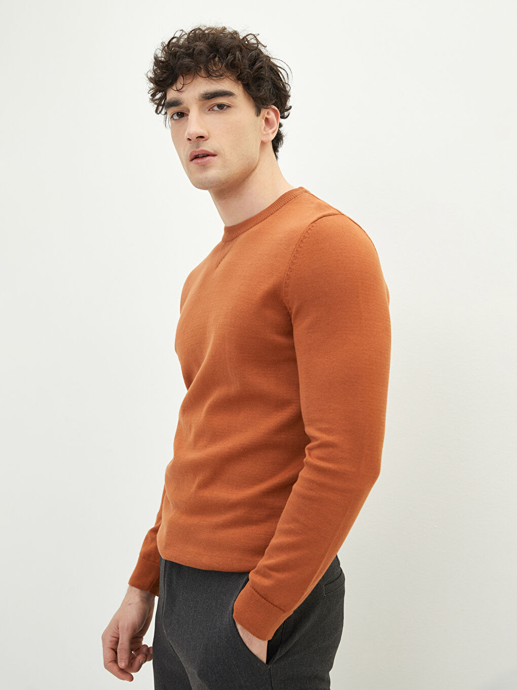 Kahverengi Bisiklet Yaka Uzun Kollu İnce Erkek Triko Kazak