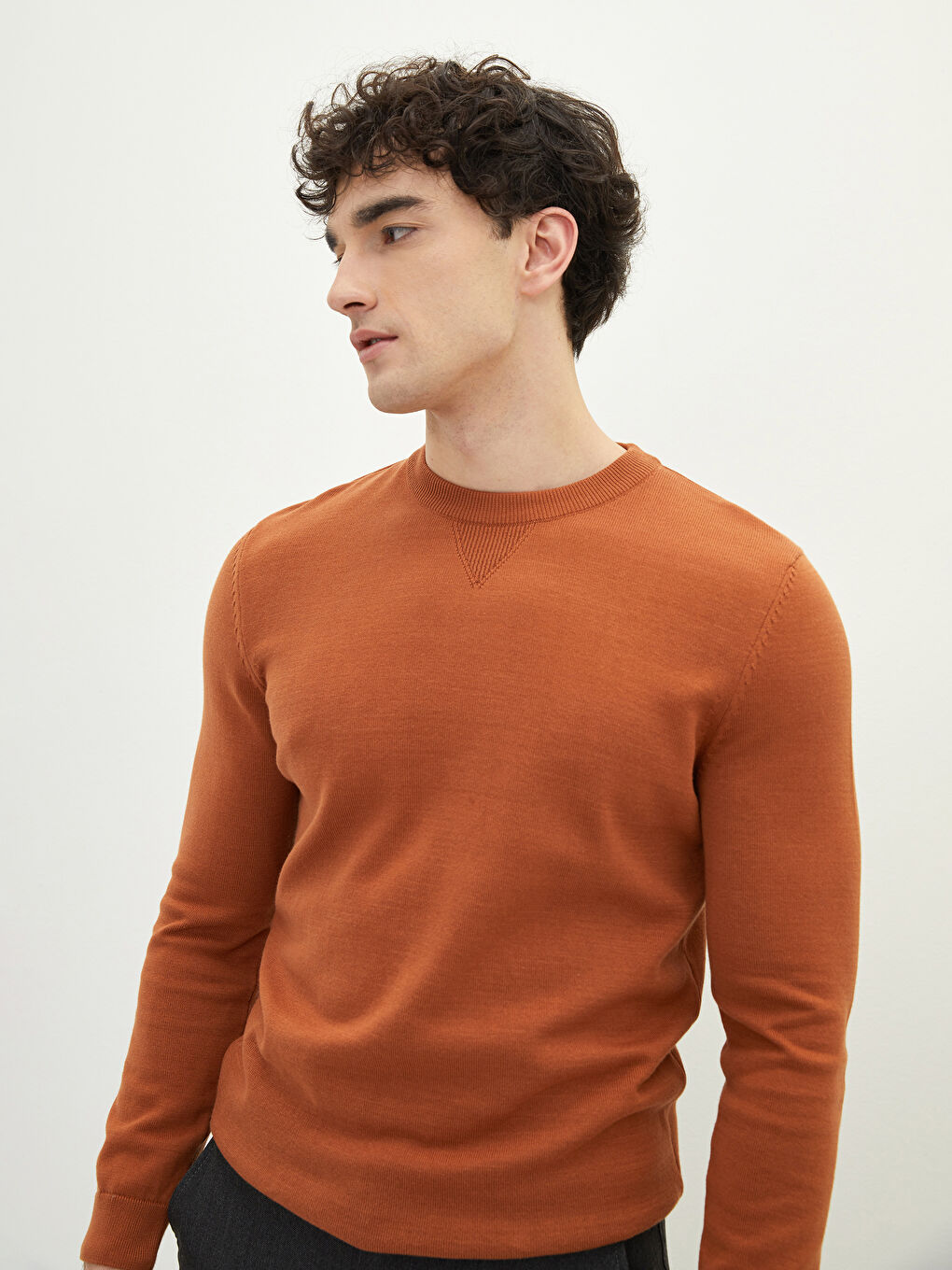 Kahverengi Bisiklet Yaka Uzun Kollu İnce Erkek Triko Kazak-1