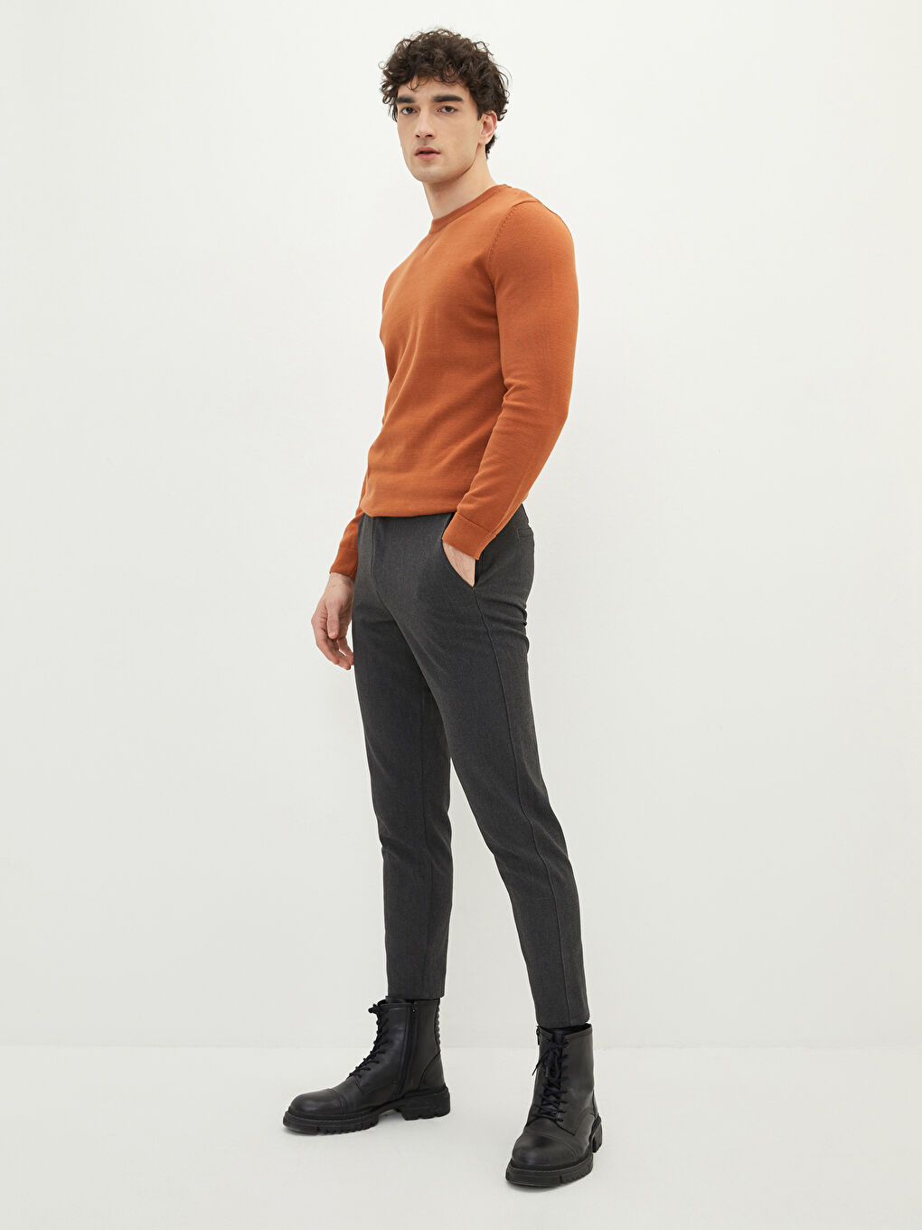 Kahverengi Bisiklet Yaka Uzun Kollu İnce Erkek Triko Kazak-2