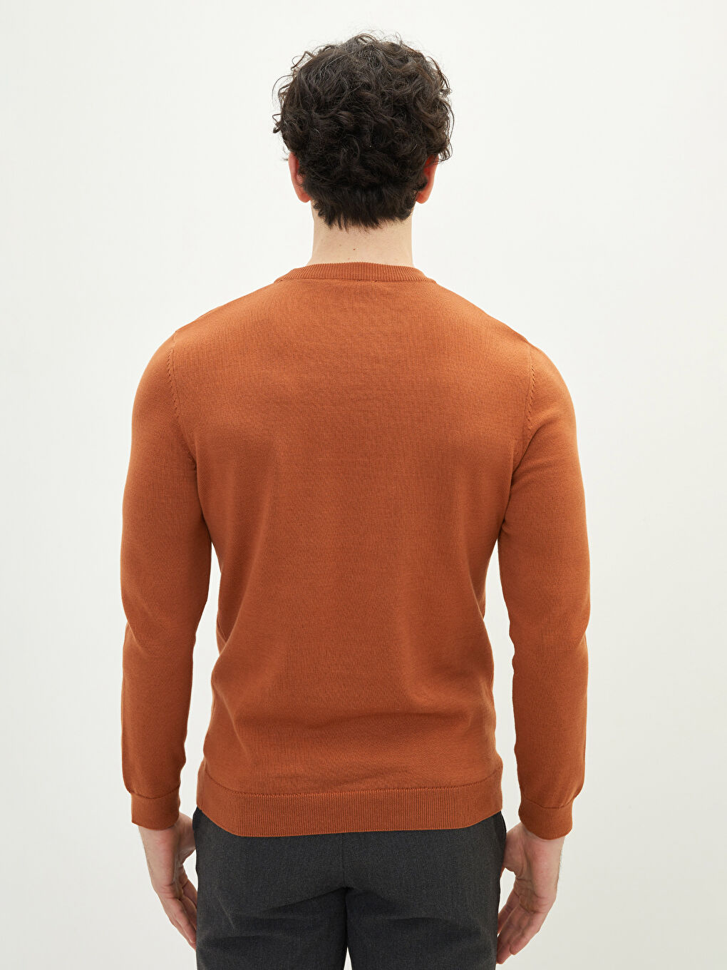 Kahverengi Bisiklet Yaka Uzun Kollu İnce Erkek Triko Kazak-4