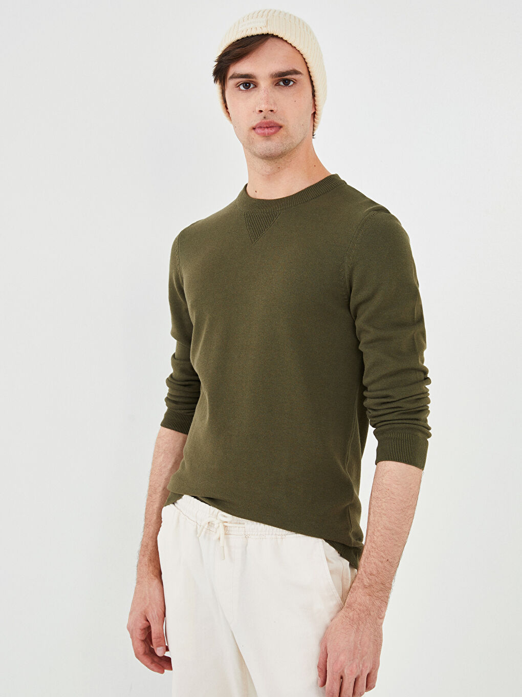 Haki Bisiklet Yaka Uzun Kollu İnce Erkek Triko Kazak