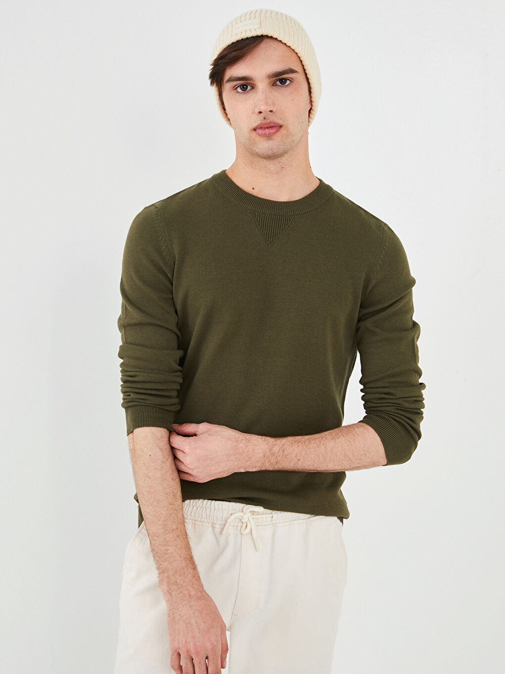 Haki Bisiklet Yaka Uzun Kollu İnce Erkek Triko Kazak-1