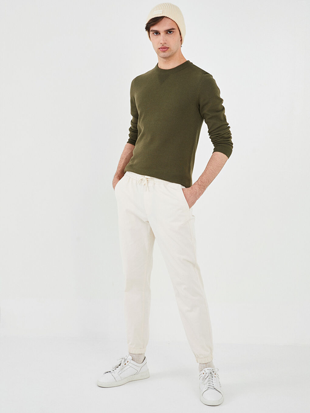 Haki Bisiklet Yaka Uzun Kollu İnce Erkek Triko Kazak-2